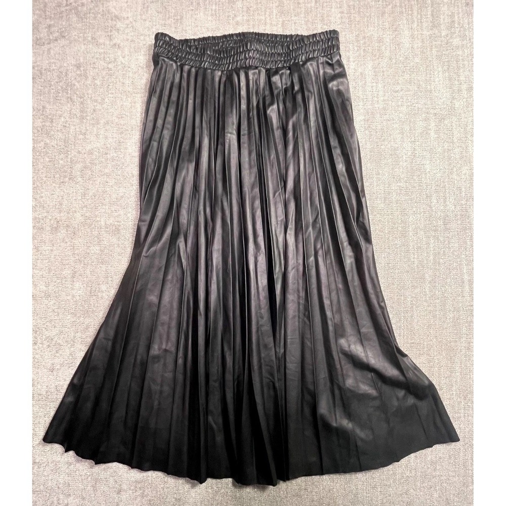 Max Studio Midi Skirt Womens Medium Black Pleated Elastic Waist Faux Leather